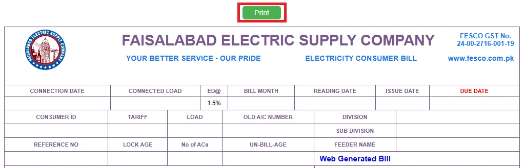 How to print FESCO Bill Online